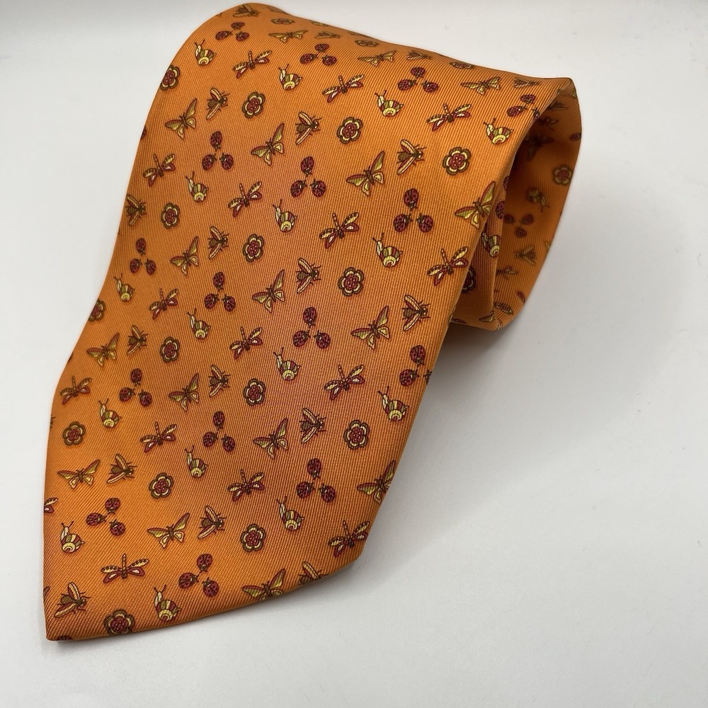 Salvatore Ferragamo Tie Necktie 100% Silk Made in Italy Butterfly Insects Orange